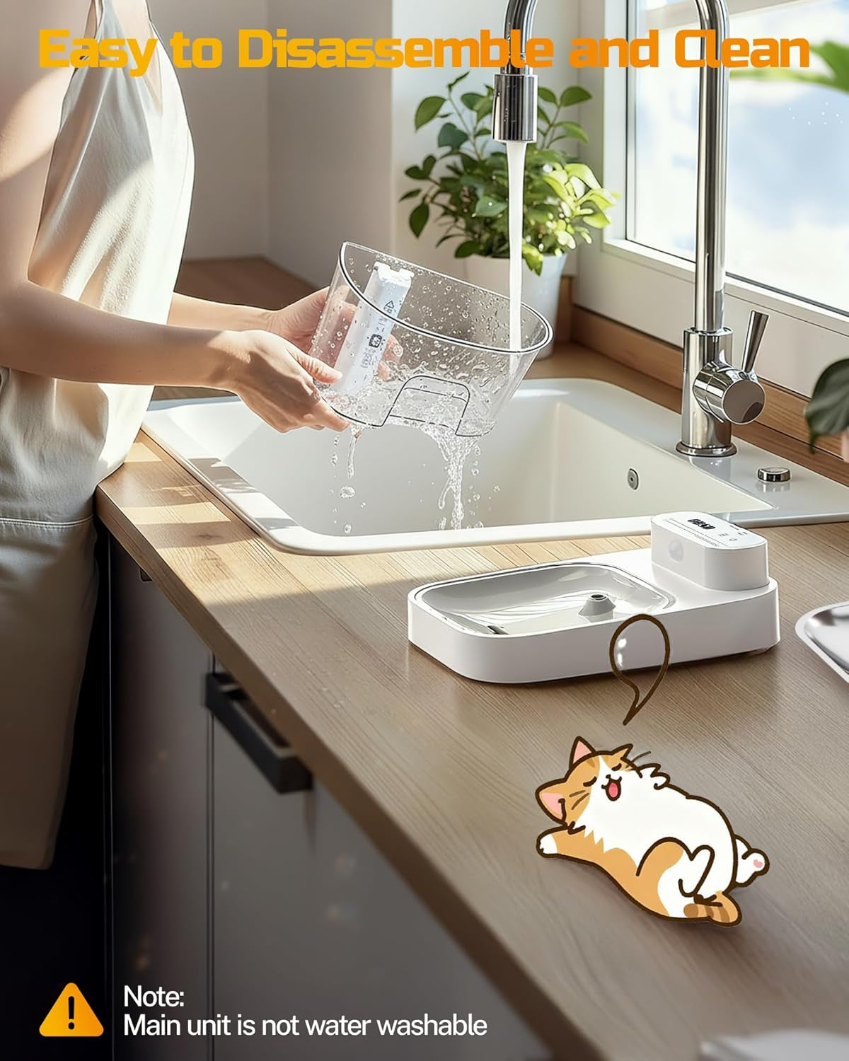 White ODSD cat water fountain on a wood floor with a cat approaching to drink from it