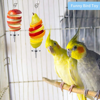 Two cockatiels next to a fruit-loaded skewer hanging inside a cage, labeled Funny Bird Toy