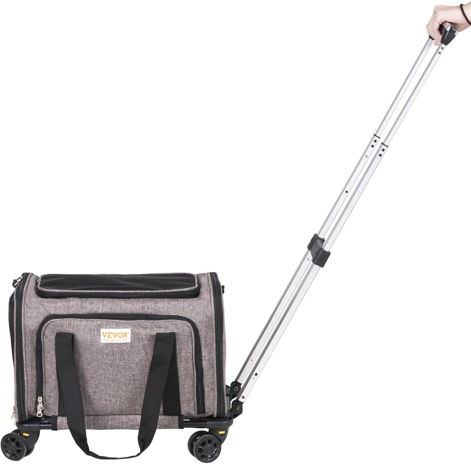 Grey rolling pet carrier's telescoping aluminum handle shown in its extended and collapsed positions