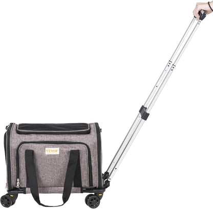 Grey rolling pet carrier's telescoping aluminum handle shown in its extended and collapsed positions