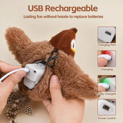 Hands plugging a USB charging cable into the FlutterChirp plush bird toy's hidden charging port