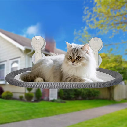 Grey and white long-haired cat resting on a grey mesh window-mounted cat hammock