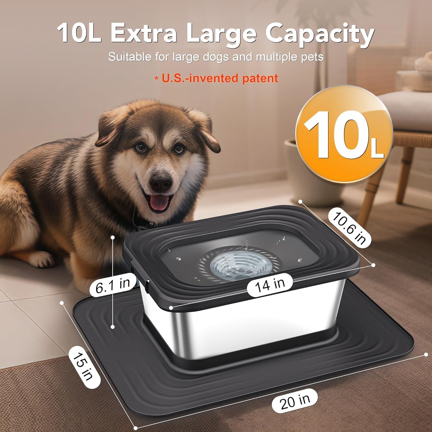 Stainless steel dog water bowl with a black lid and floating water inlet sitting on a large anti-skid mat