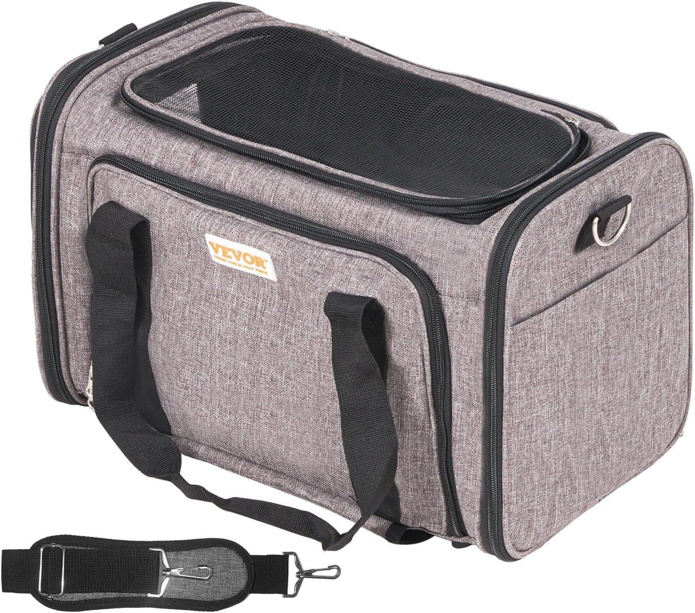 Grey rolling pet carrier shown from the back with its padded shoulder strap and top carry handle