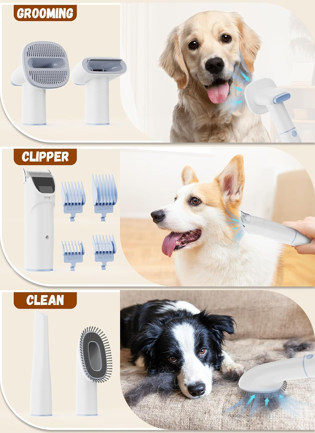 Grooming, clipper, and cleaning attachments for the MoonFlor pet vacuum used on a dog's chin, neck, and a couch