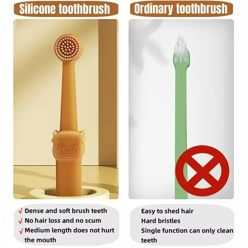 Silicone toothbrush and tongue scraper laid out showing the one-piece molded silicone construction