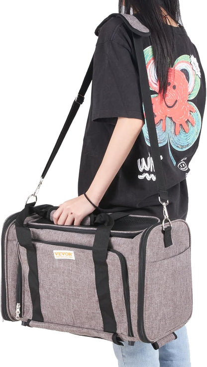 Cat and small dog sitting together in front of the grey VEVOR rolling pet carrier bag