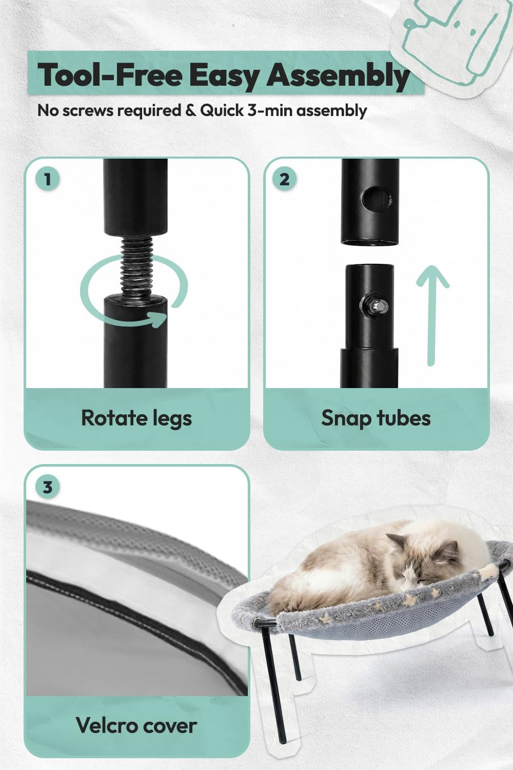 Three step diagram showing tool-free assembly of the elevated cat bed by rotating legs and snapping tubes