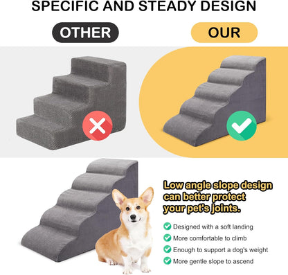 Corgi puppy climbing the top step of the grey 5-step foam dog stairs ramp set for beds