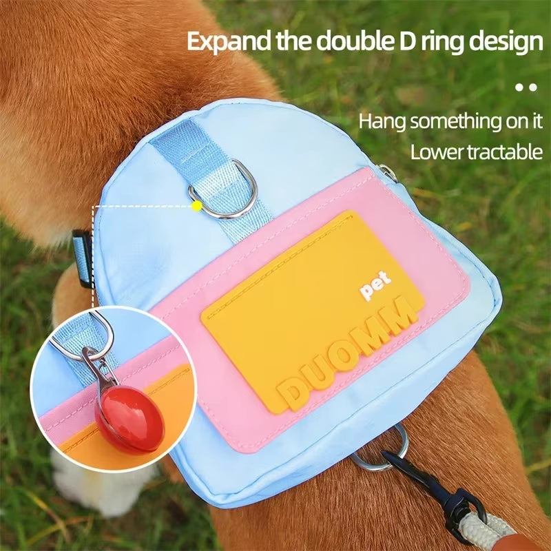 Blue DUOMM dog backpack pouch strapped onto a Shiba Inu's back with adjustable straps