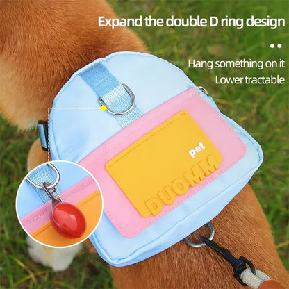 Blue DUOMM dog backpack pouch strapped onto a Shiba Inu's back with adjustable straps