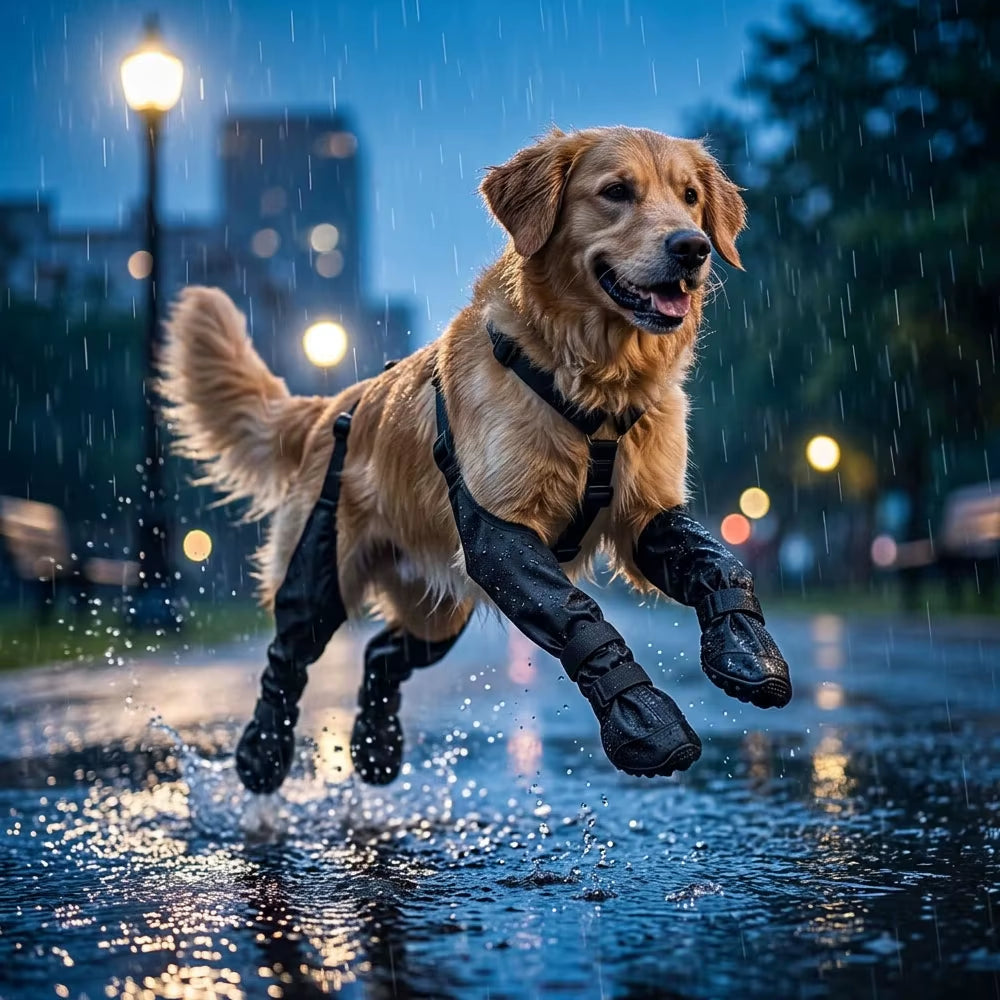 Close-up of a single black PawGuard dog boot showing its velcro cuff and fabric construction