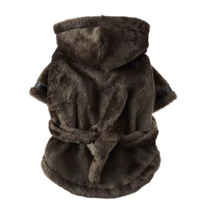 Brown plush hooded dog bathrobe laid flat showing the hood, sleeves, and belt tie closure
