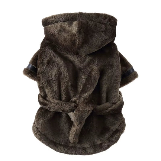 Brown plush hooded dog bathrobe laid flat showing the hood, sleeves, and belt tie closure