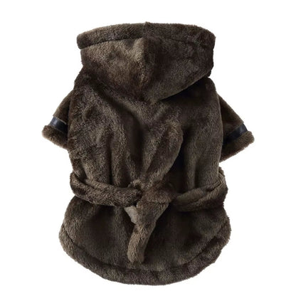 Hooded dog bathrobe product graphic listing it as a quick-drying, super-absorbent towel pajama
