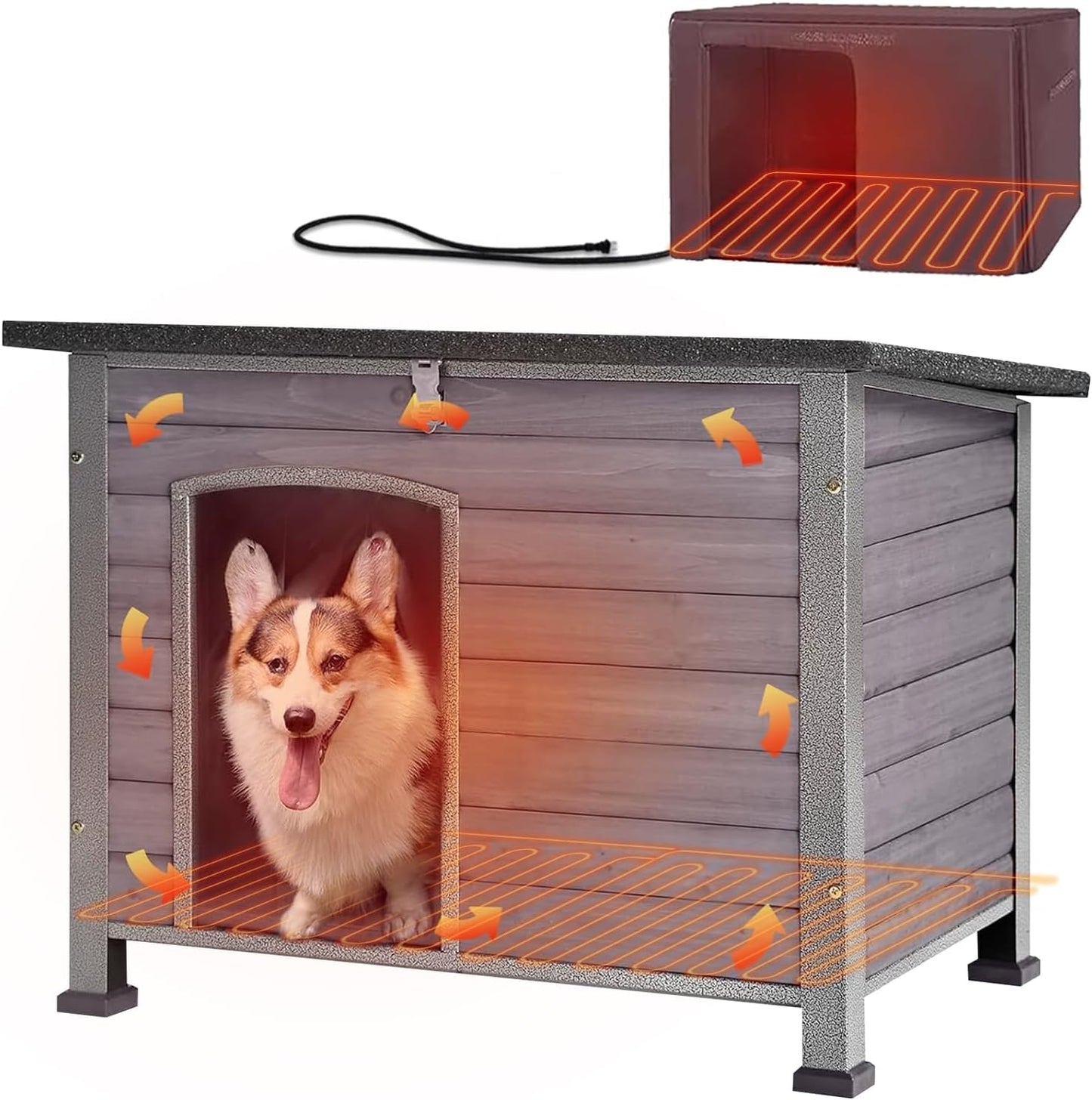 Gray wood dog house with an insulated brown heating liner shown above it and a power cord