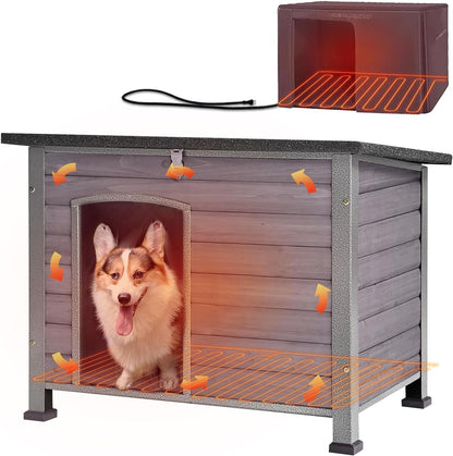 Gray wood dog house with an insulated brown heating liner shown above it and a power cord