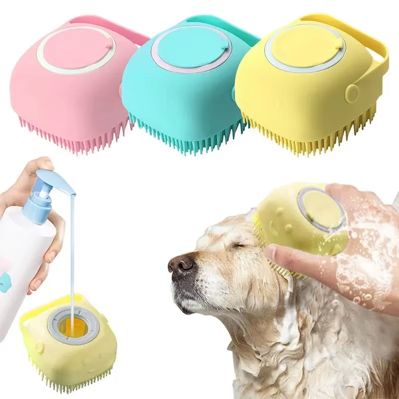 Pink silicone bath brush shown from below displaying its rows of soft silicone bristles