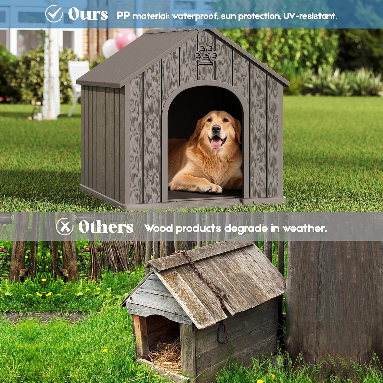 Grey plastic dog house shown from the side displaying its ridged wood-look panel texture