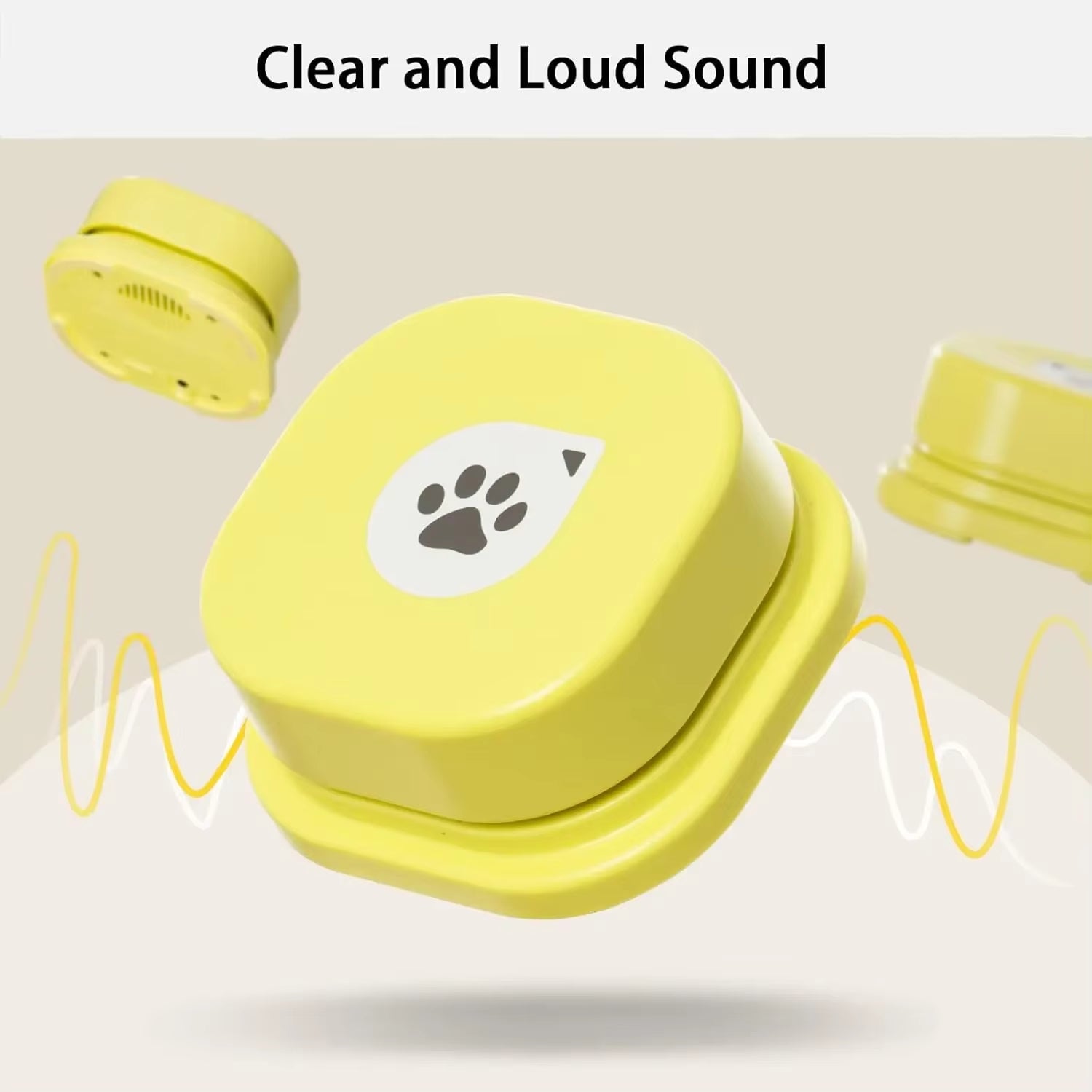 Yellow round pet talking button with a paw print icon and sound waves illustrating clear audio