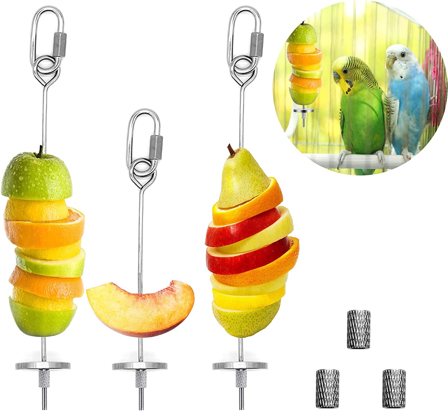 Three stainless steel skewers holding sliced apple, orange, peach, pear, and lime with two budgies inset