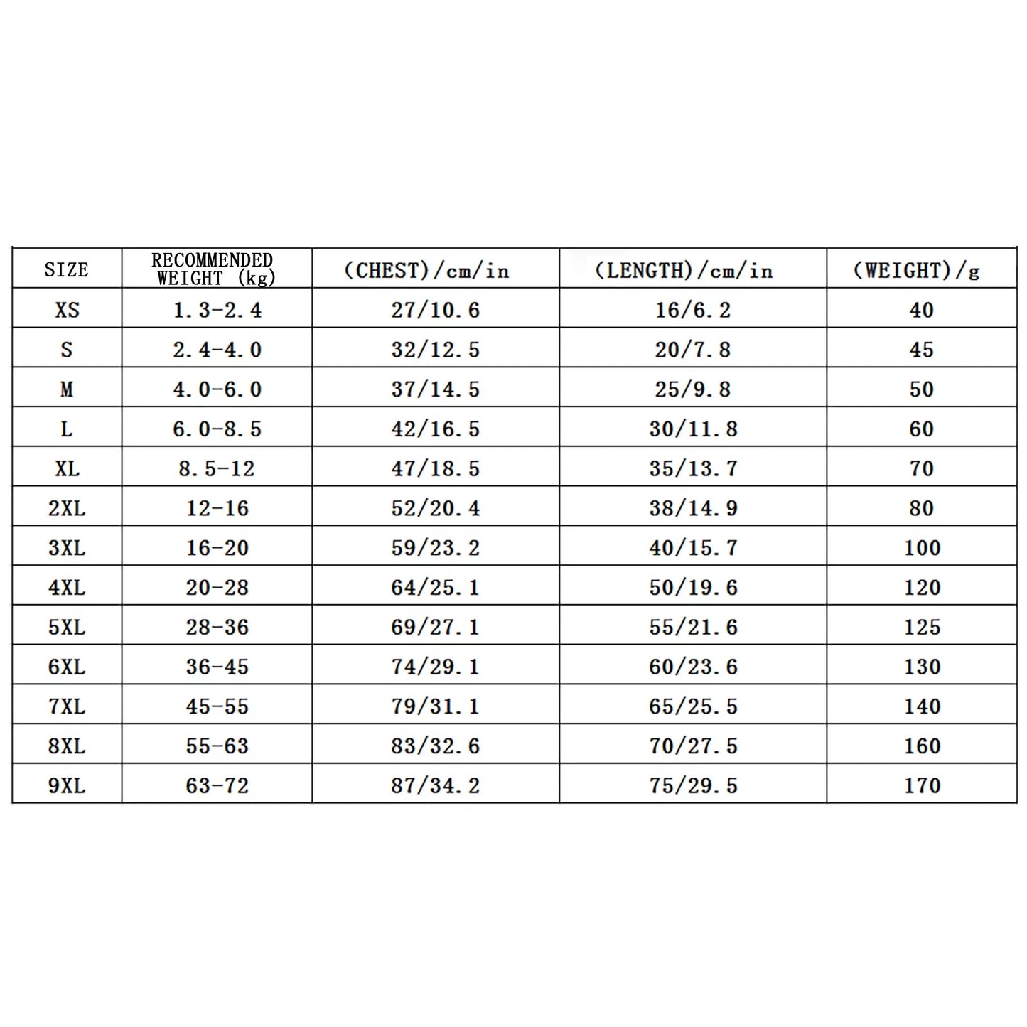 Size chart table listing dog hoodie measurements from XS to 9XL by weight, chest, and length