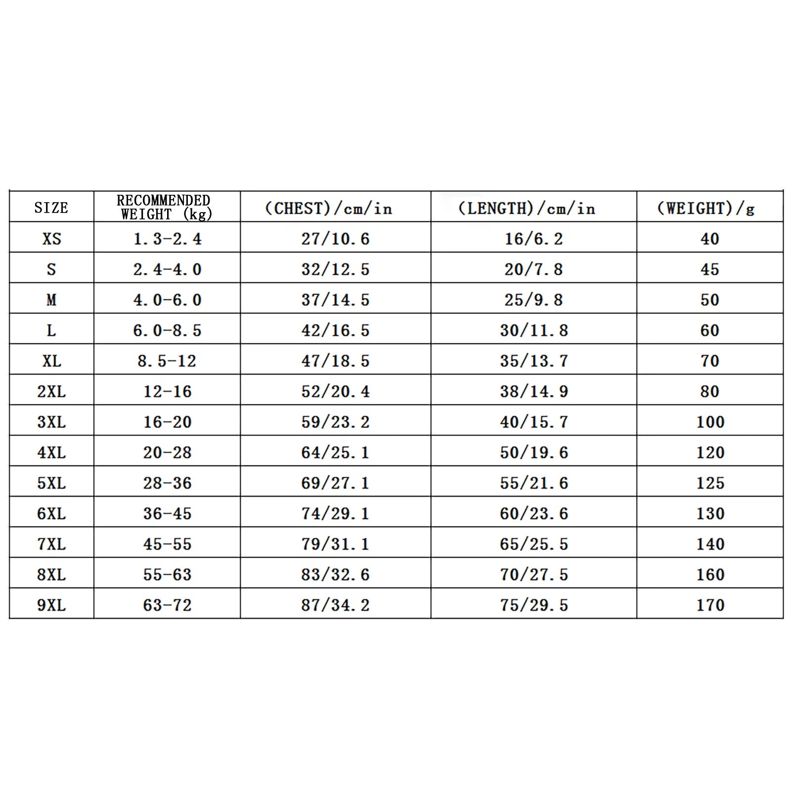 Size chart table listing dog hoodie measurements from XS to 9XL by weight, chest, and length