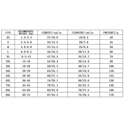 Size chart table listing dog hoodie measurements from XS to 9XL by weight, chest, and length