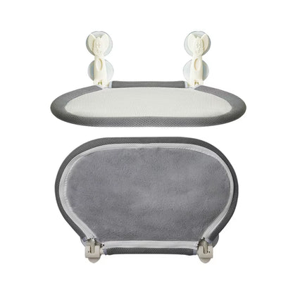 Grey mesh cat perch shown mounted at an angle on a window with a cat curled up on it