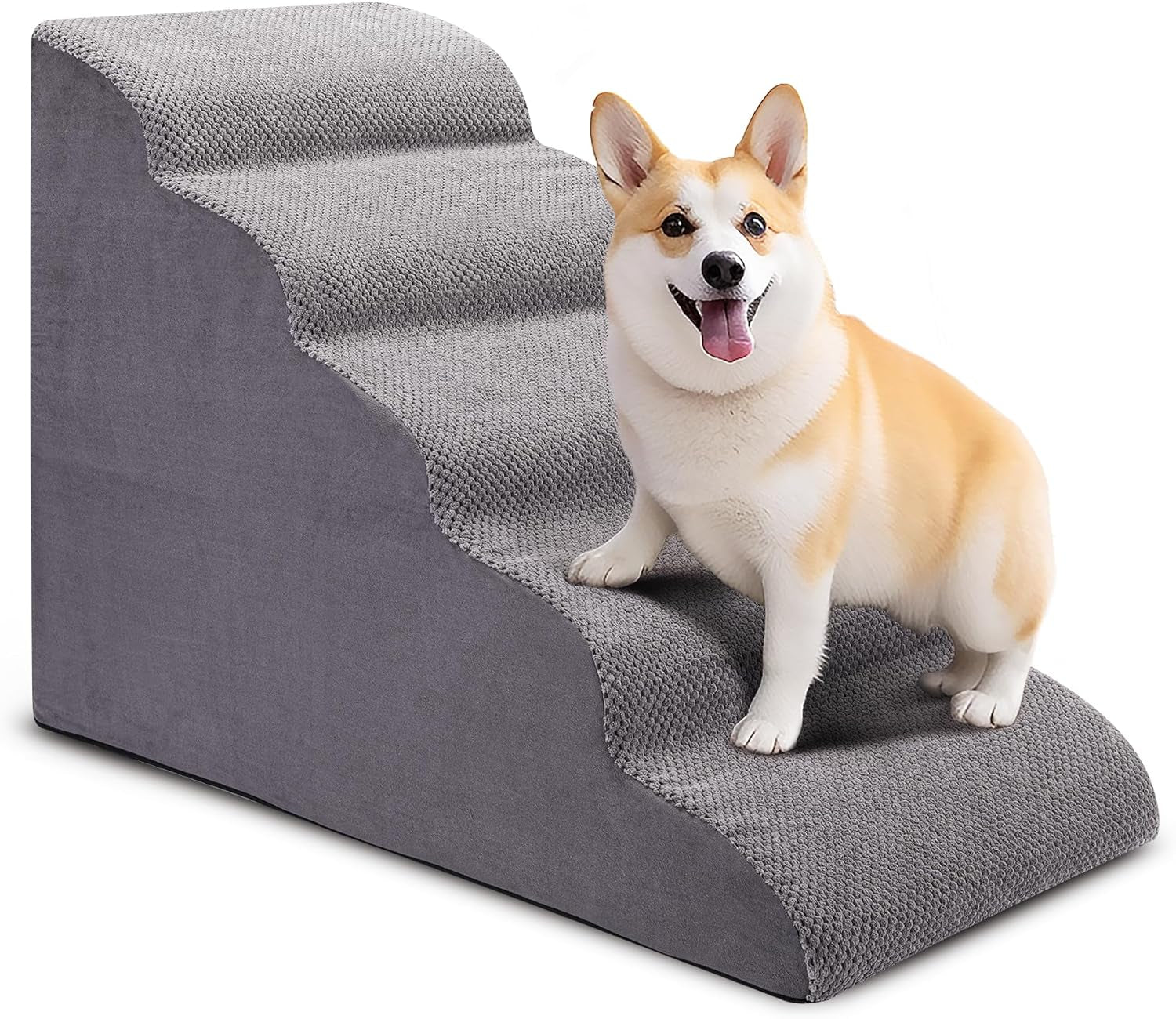 Grey 5-step foam dog stairs photographed from the front showing the scalloped step edges