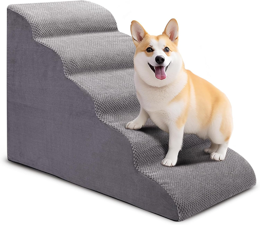 Grey 5-step foam dog stairs product graphic shown at an angle against a white background