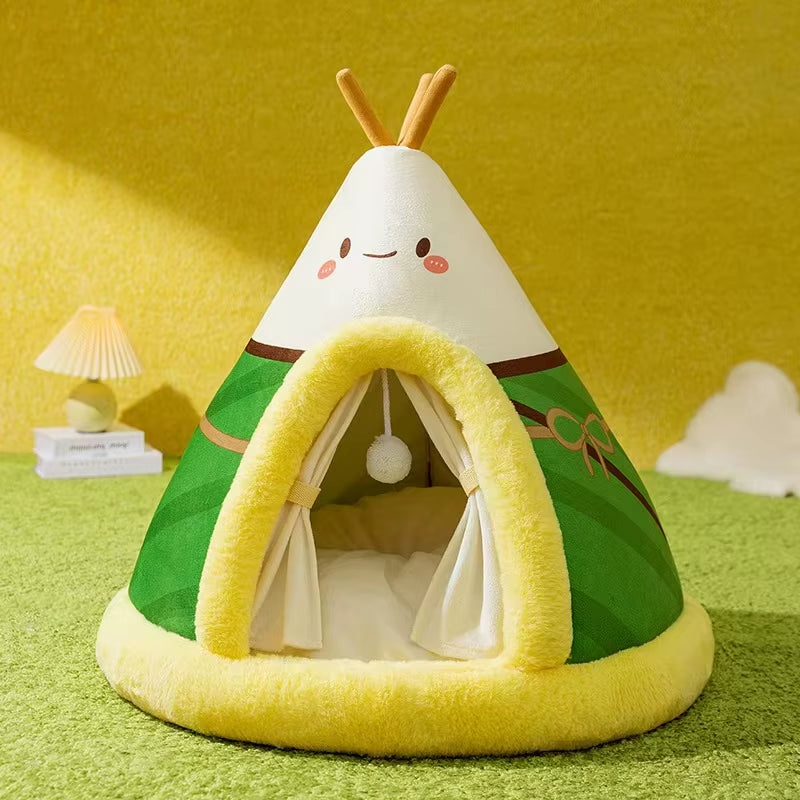 Cat peeking its head out of the entrance of a cone-shaped pet tent bed on a rug floor
