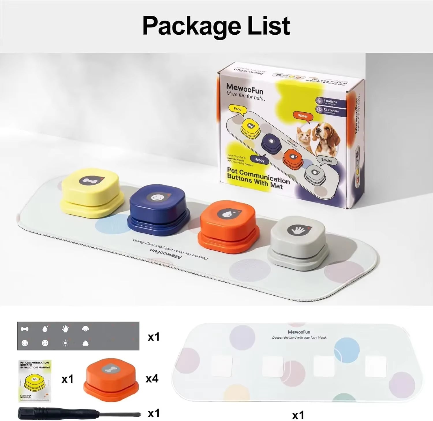 Six talking buttons in orange, yellow, teal, navy, purple, and cream arranged on the oval mat with a sticker sheet
