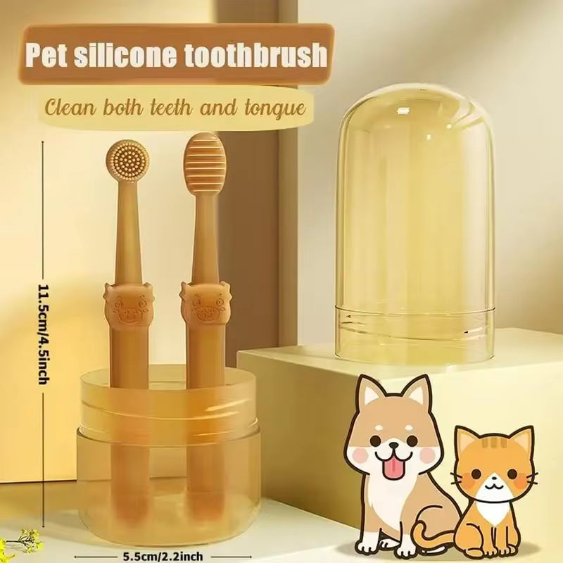 Orange silicone pet toothbrush held in a hand to show its overall size and comfortable grip