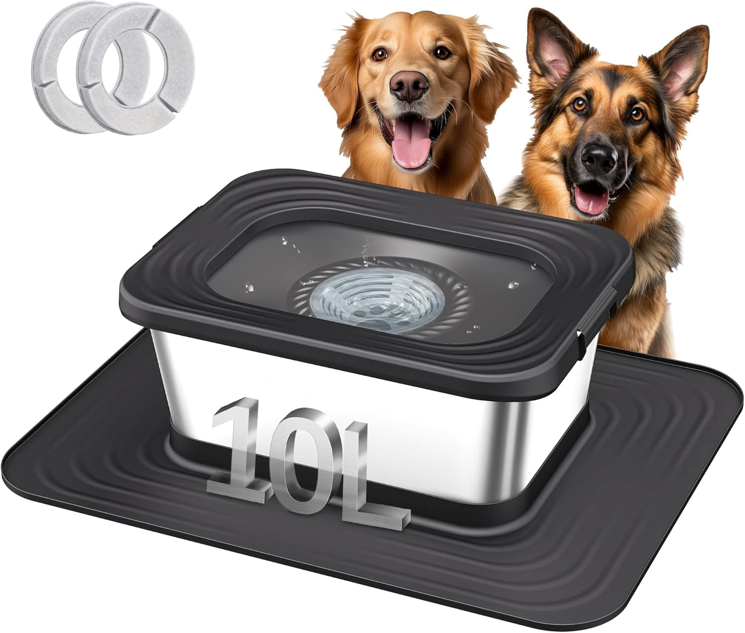 Diagram of the 10L stainless steel dog water bowl showing its 14 by 10.6 by 6.1 inch dimensions and 20 by 15 inch mat