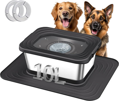 Diagram of the 10L stainless steel dog water bowl showing its 14 by 10.6 by 6.1 inch dimensions and 20 by 15 inch mat