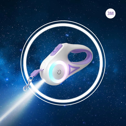 Lavender and white GlowPaw retractable leash with a glowing LED ring around the power button, labeled 3M