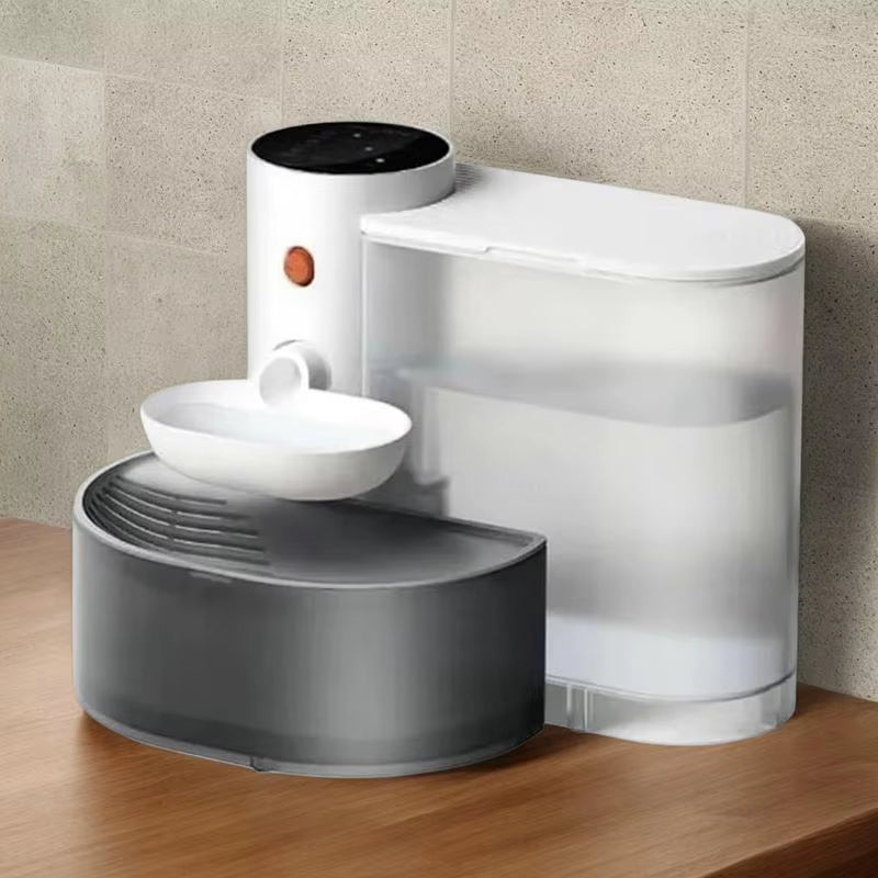 Tall white wireless pet fountain shown with its water reservoir and lid separated to show internal parts