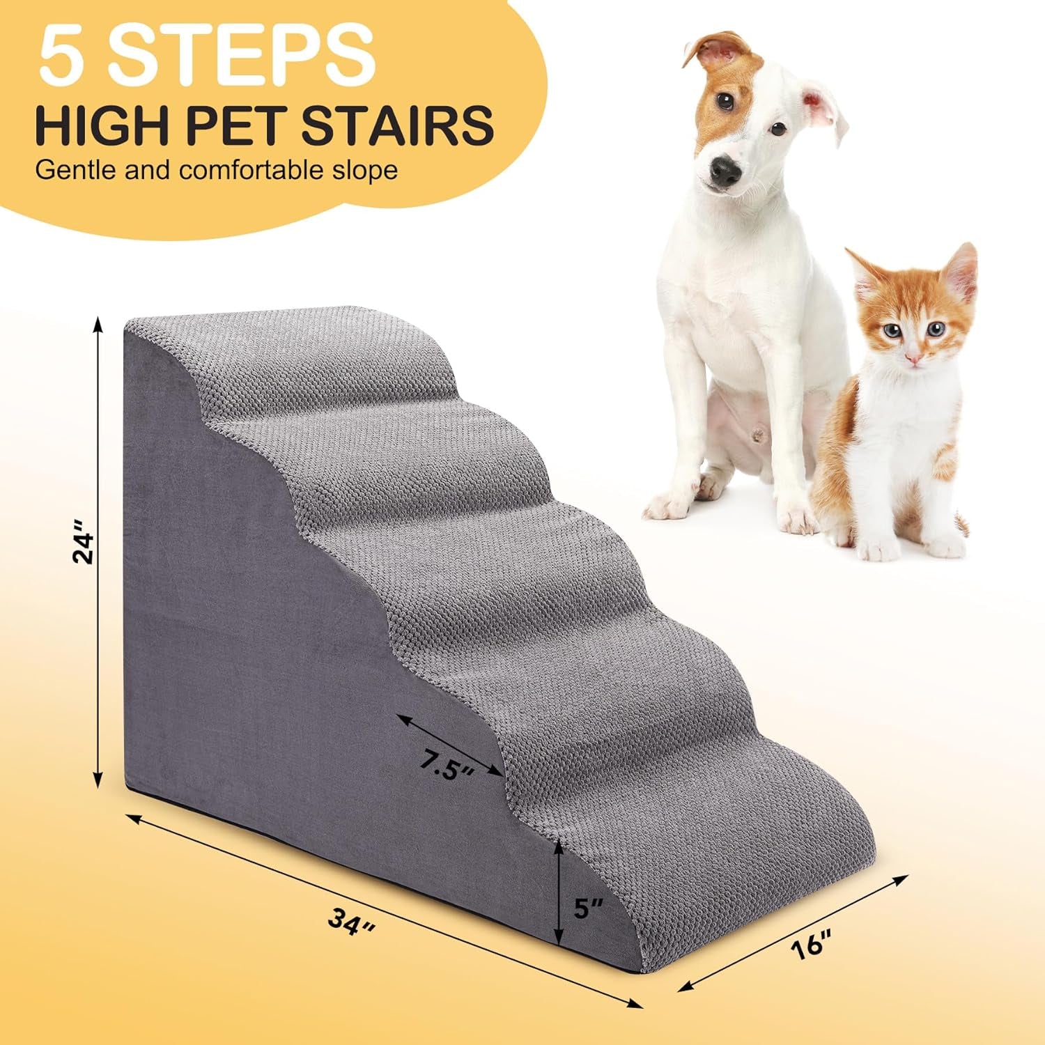 Diagram of the 5-step dog stairs labeled with 34 inch length, 16 inch width, and 24 inch height measurements