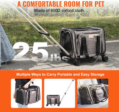 Cat visible through the mesh side window of the closed grey rolling pet carrier bag