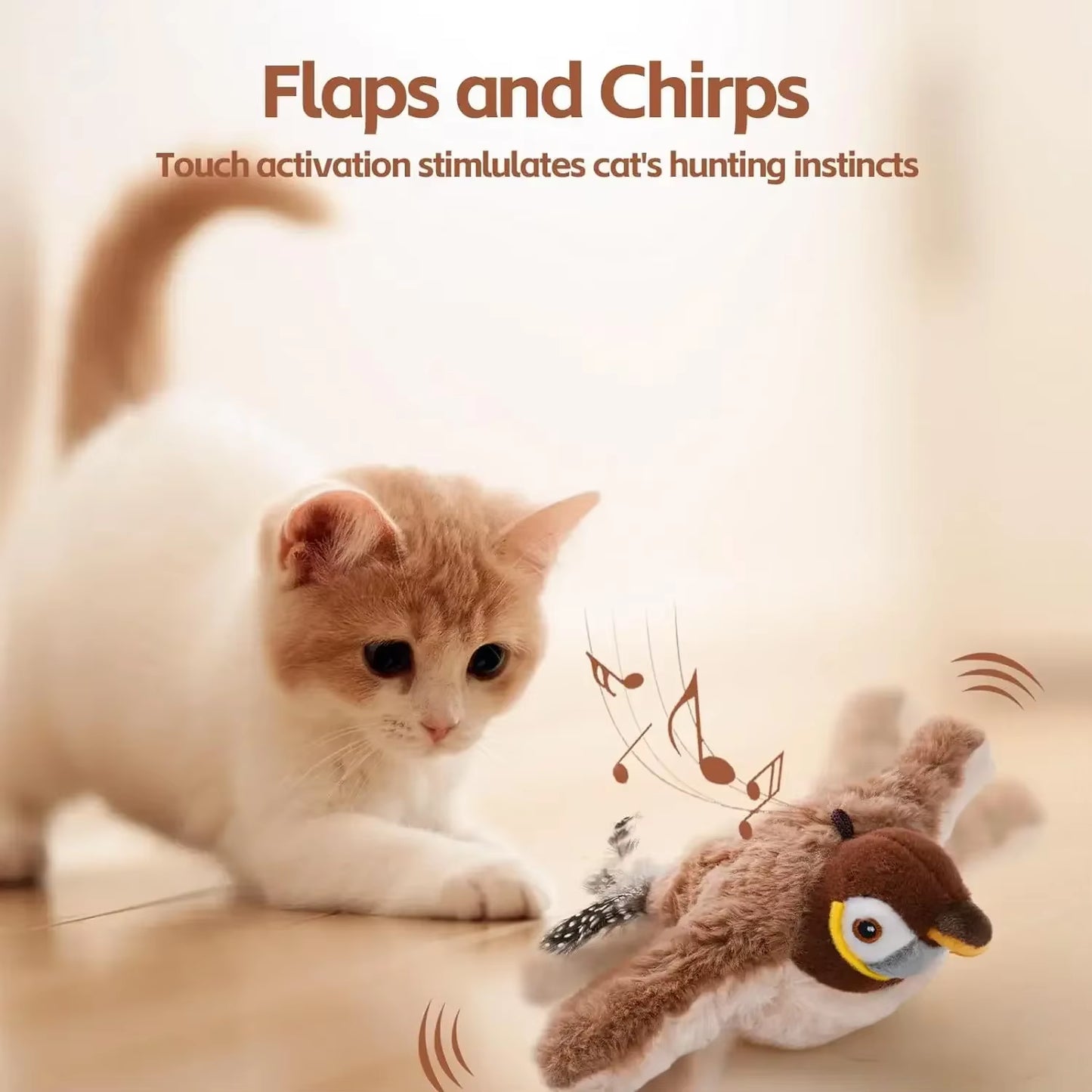 Kitten crouching to pounce on the flapping, chirping FlutterChirp plush bird cat toy on the floor