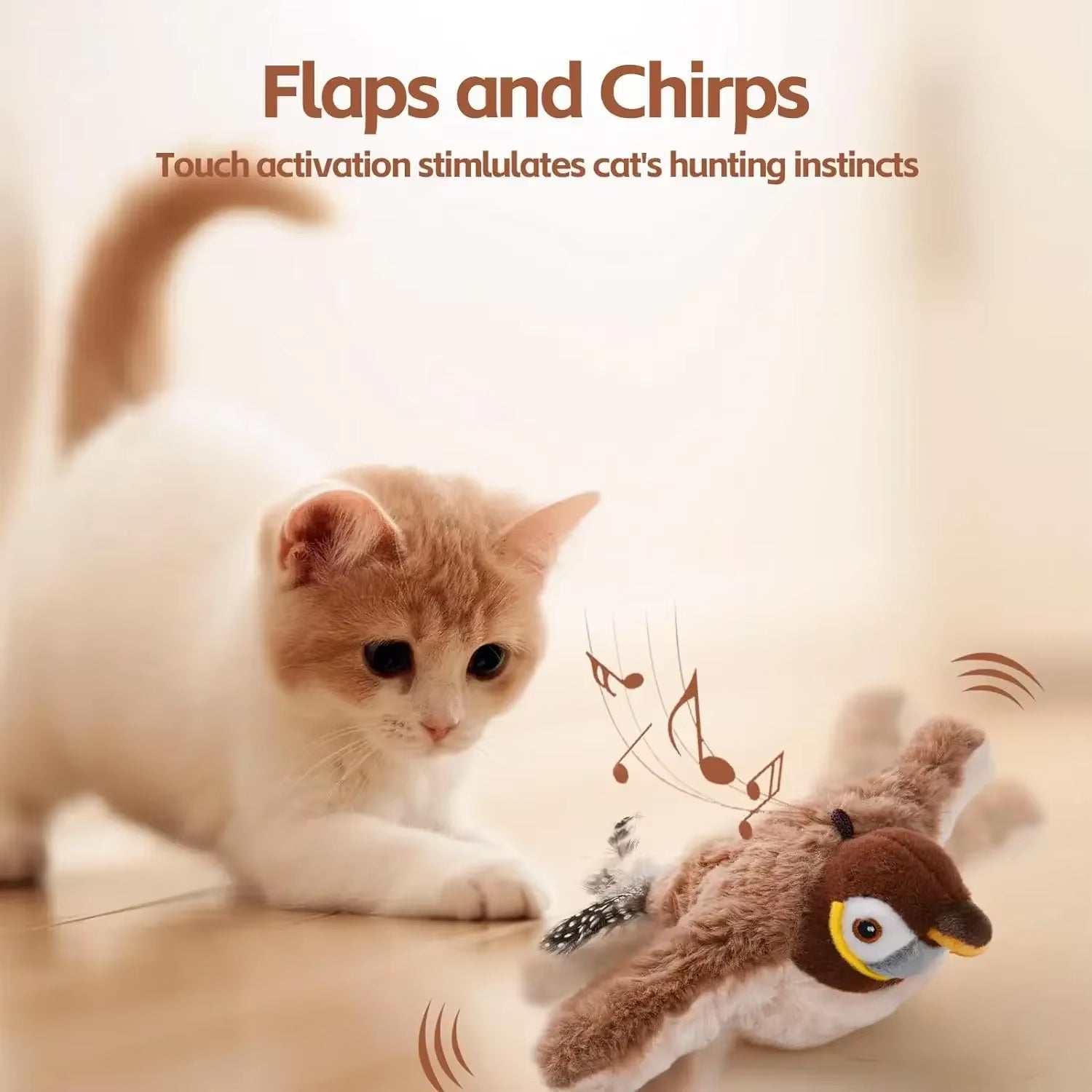 Kitten crouching to pounce on the flapping, chirping FlutterChirp plush bird cat toy on the floor