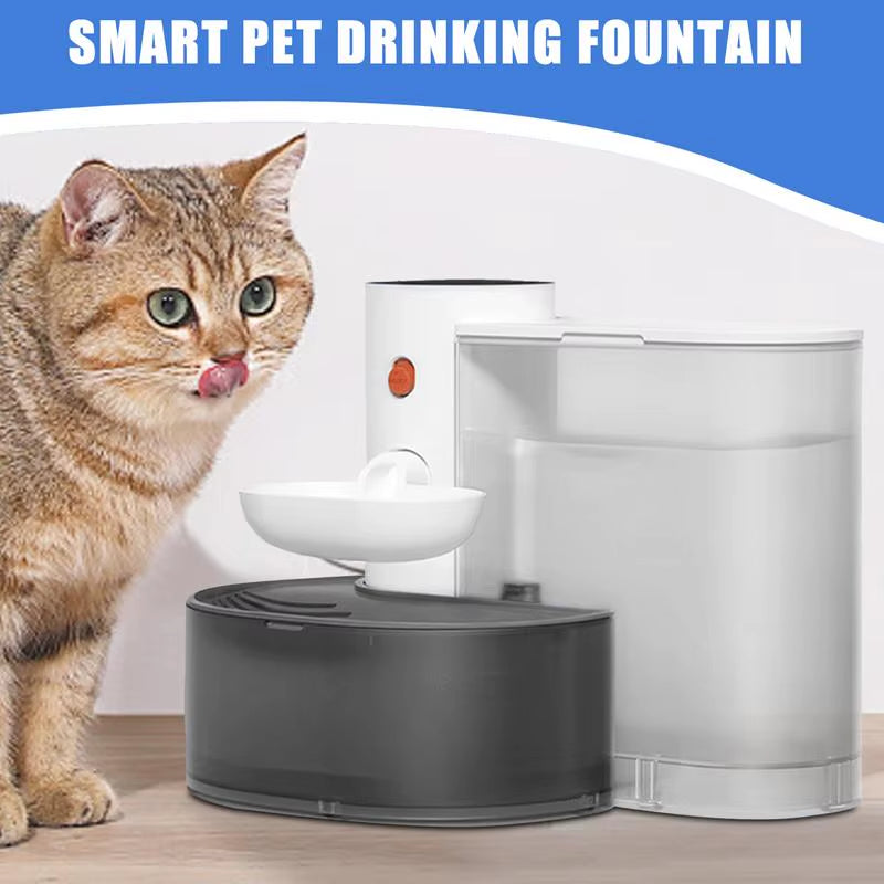 Tabby cat approaching the white and gray wireless pet fountain with Smart Pet Drinking Fountain text