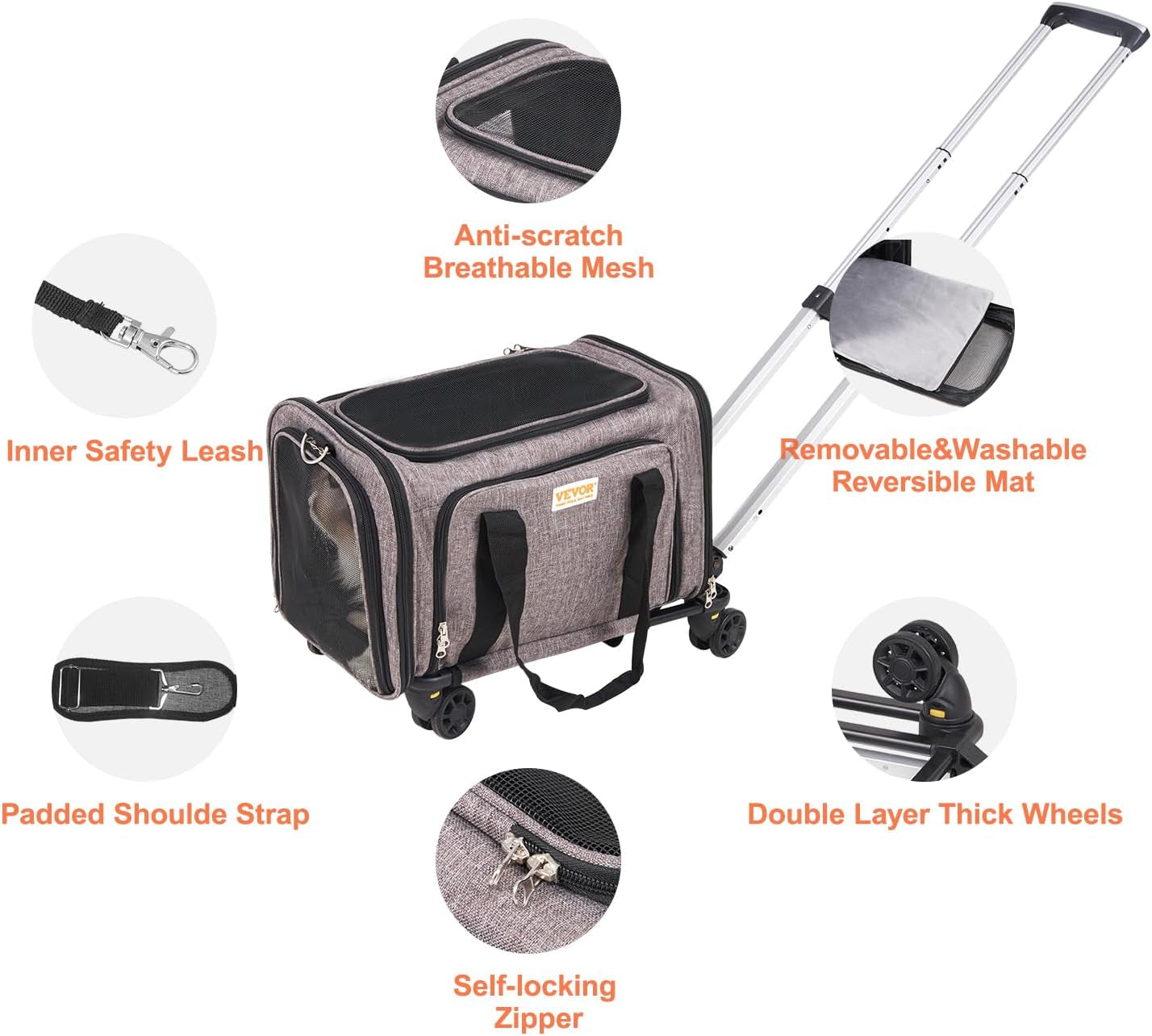 Close-up of the pet carrier's self-locking zipper pull and VEVOR branded fabric tag