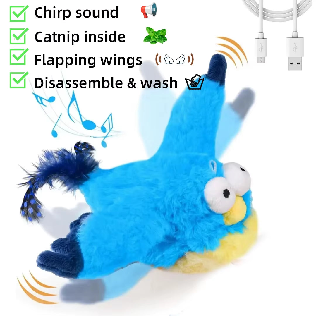 Blue FlutterChirp plush bird cat toy displayed with icons for chirp sound, catnip, flapping wings, and washable design
