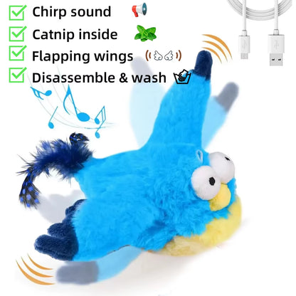 Blue FlutterChirp plush bird cat toy displayed with icons for chirp sound, catnip, flapping wings, and washable design
