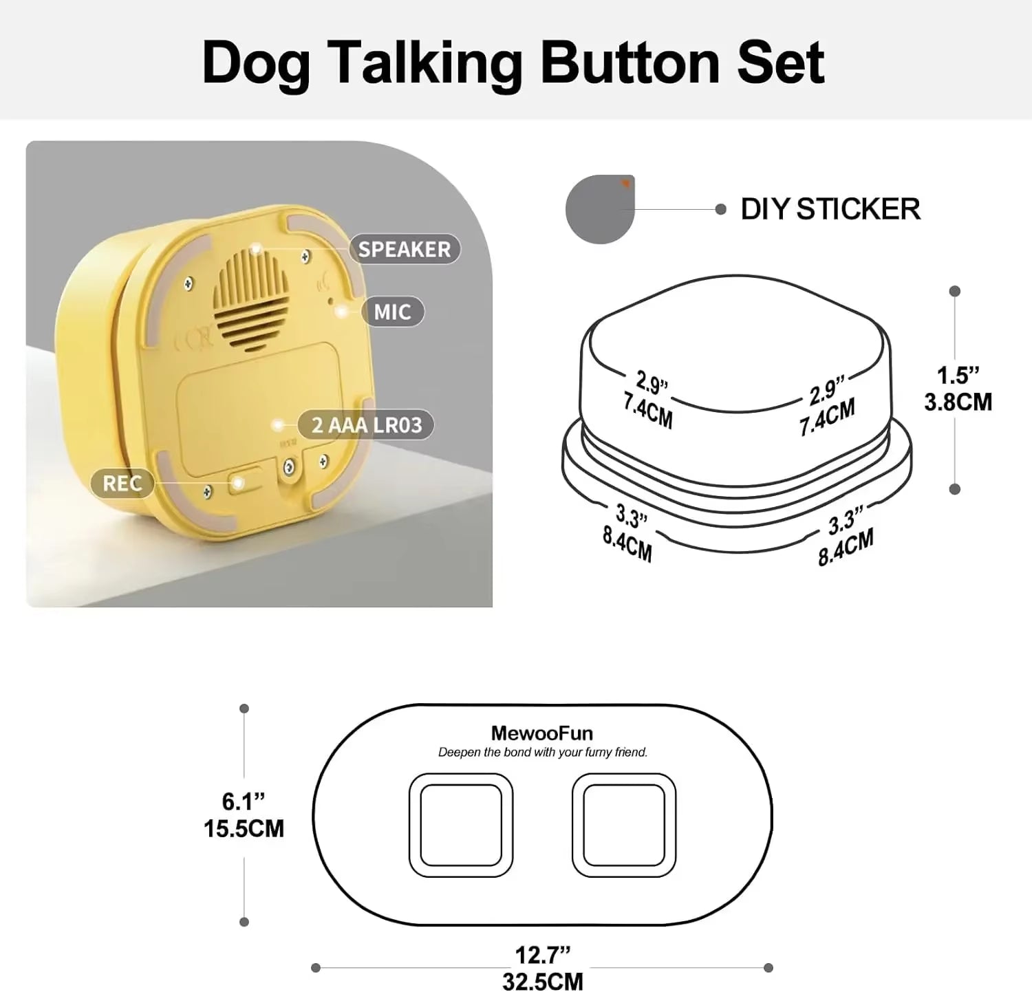 Diagram of a talking button labeled with speaker, mic, REC button, and 2 AAA battery compartment plus size measurements