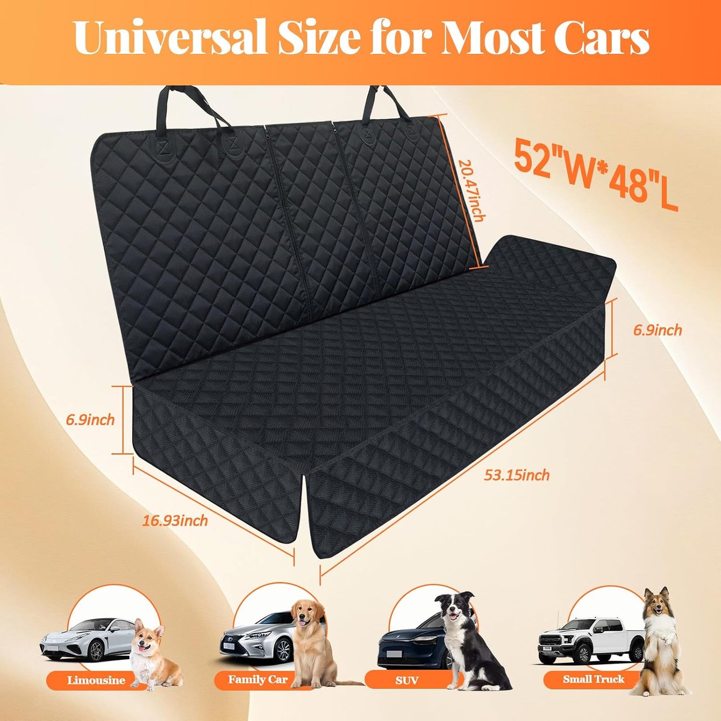 Diagram of the black quilted car seat cover showing 52 inch width, 48 inch length, and side panel measurements