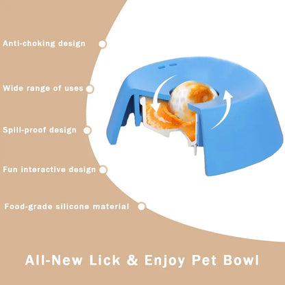 Blue silicone slow feeder dog bowl product photo showing the anti-choking dome and spill-proof rim design