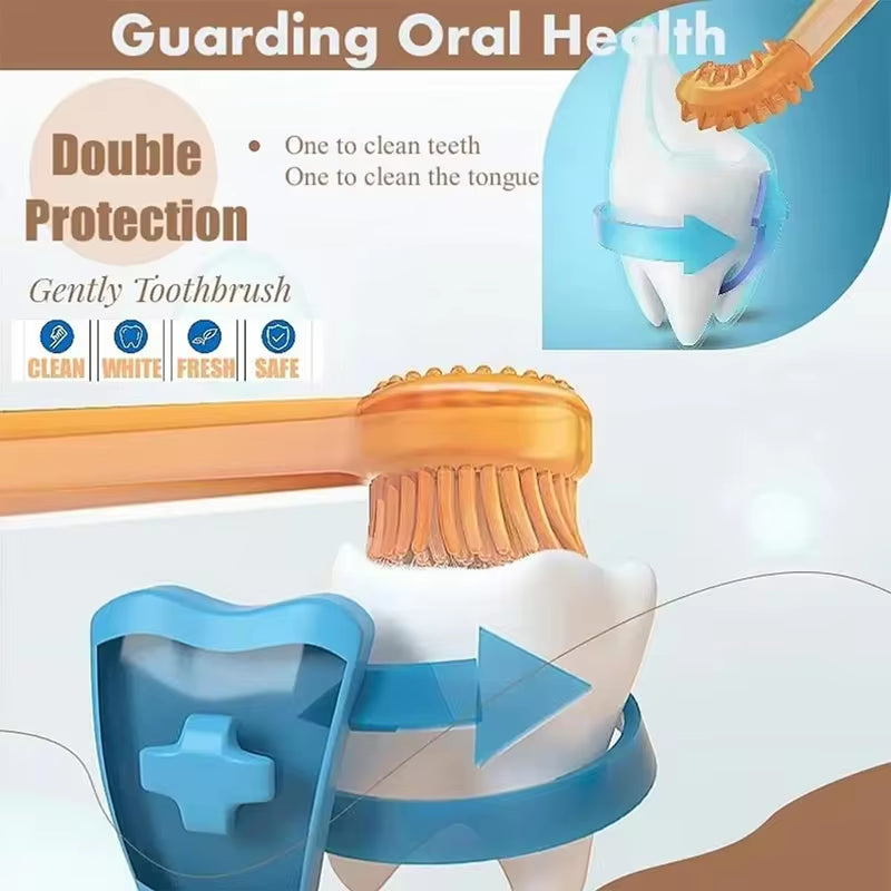 Close-up of the silicone toothbrush's bristle head and grooved tongue scraper handle labeled Oral Care Spa Experience